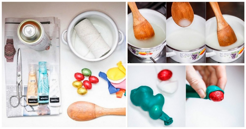 Фото: материалы для создания поделки в виде шара; раствор клея; наполнение шарика шоколадными конфетами Вироби до Великодня: 10 кращих ідей