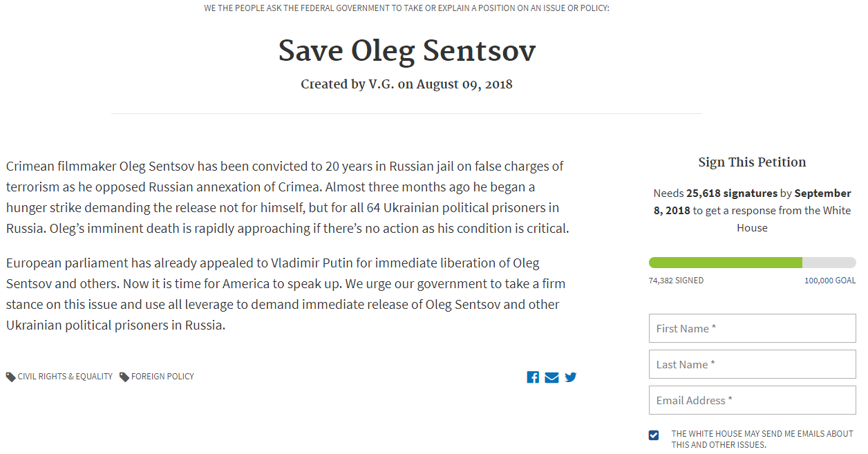 Свободу Сенцову: Зеленский призвал подписать петицию в Белый дом (видео)