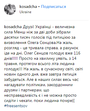"Украинцы – огромная сила": Осадчая призвала не дать политикам забыть о Сенцове