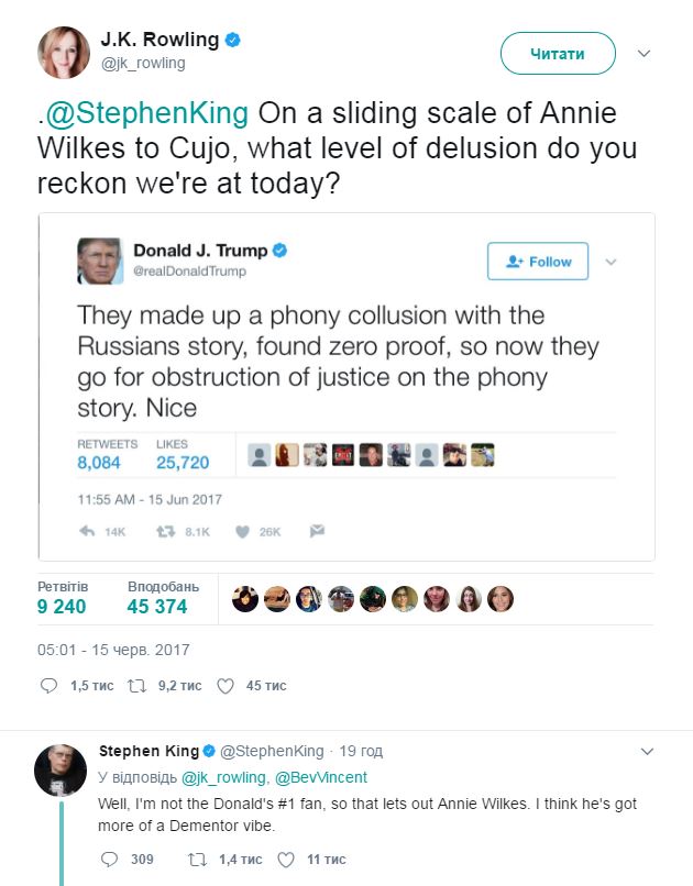 Стивен Кинг сравнил Трампа с дементором из "Гарри Поттера"