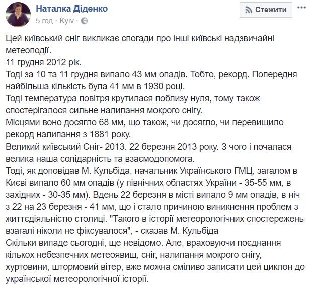 Снігопад в Києві: синоптик розповіла про рекордні опади