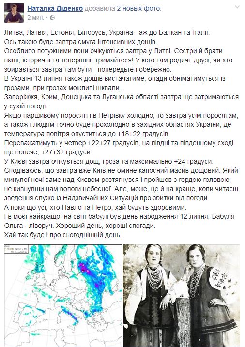 Синоптик дала прогноз погоды на 13 июля