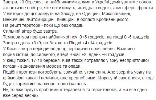 "Атмосферні фронти": синоптик розповіла, якою буде погода 13 березня