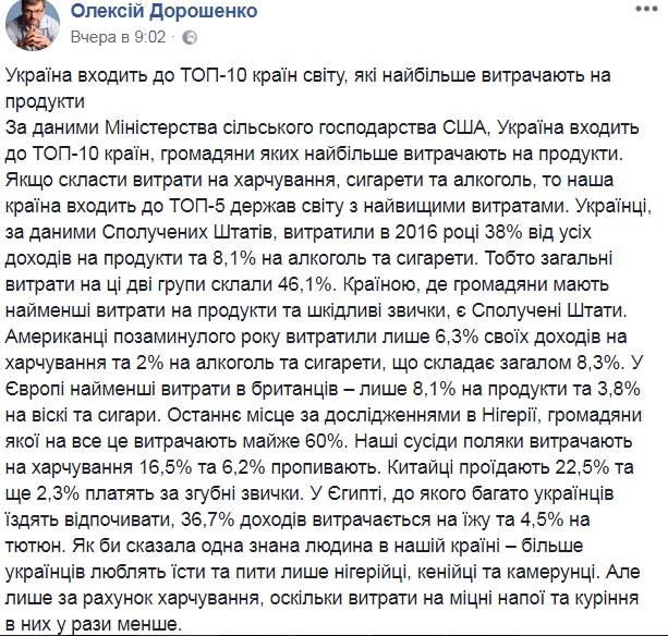Украина вошла в список топ-10 стран, в которых больше всего тратятся на продукты