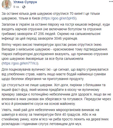 Ценителям уличной еды: Супрун предупредила о вреде шаурмы