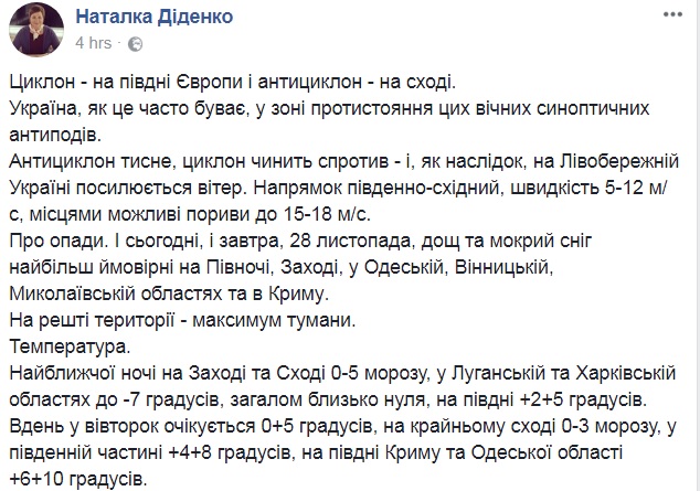"Циклон і антициклон": синоптик дала прогноз погоди на 28 листопада