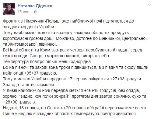 Синоптик дала прогноз погоды на конец недели