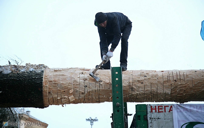В Киеве начали установку главной новогодней елки страны (фоторепортаж)