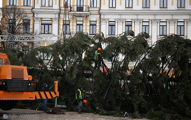 В Киеве начали установку главной новогодней елки страны (фоторепортаж)