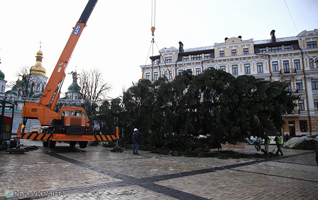 В Киеве начали установку главной новогодней елки страны (фоторепортаж)