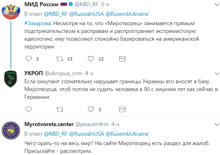 Россия обвиняет США в поддержке украинского "Миротворца"