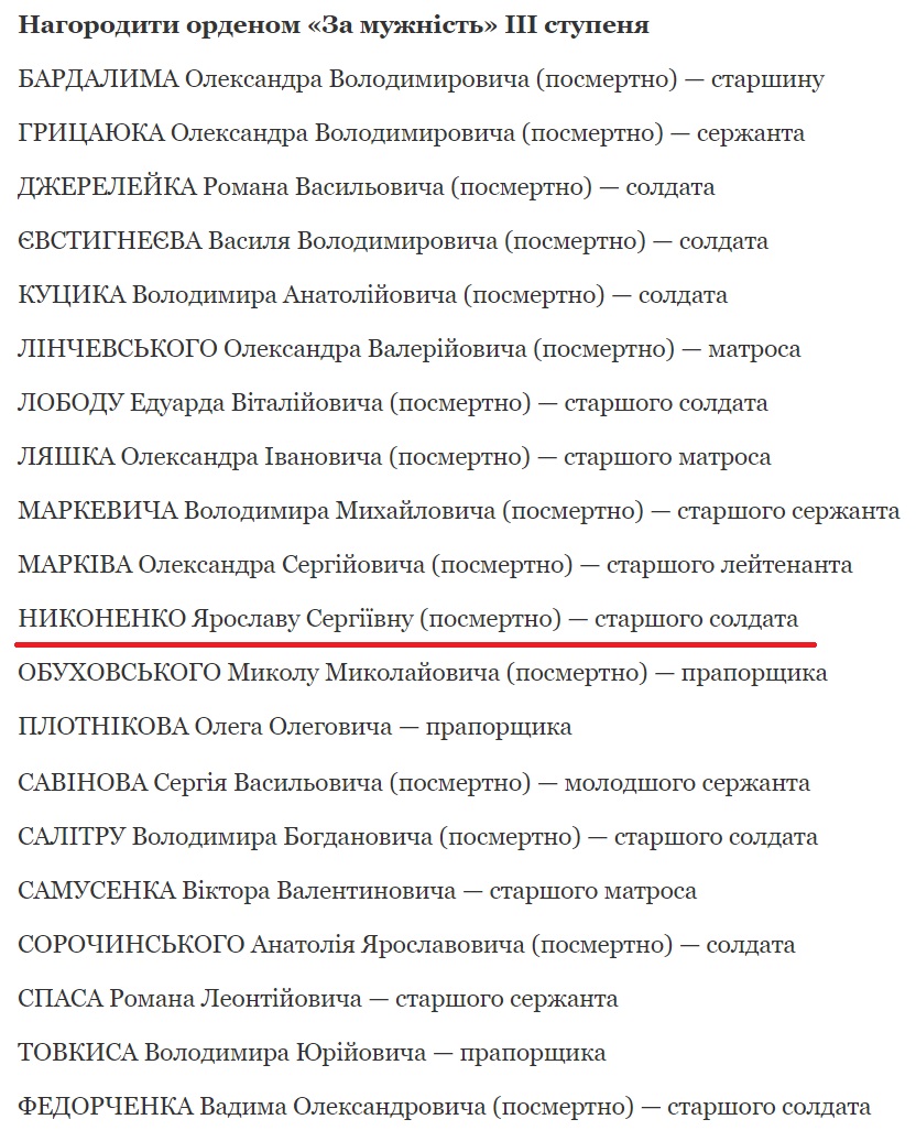 Снайпер Ярослава Никоненко отримала орден "За мужність" посмертно