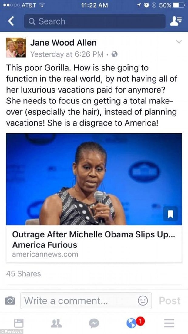 В США уволили учительницу, обозвавшую Мишель Обаму "позором Америки" и "несчастной гориллой"