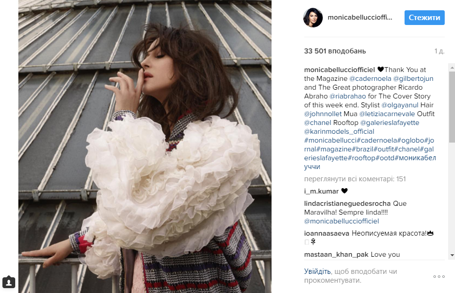 Моника Белуччи позировала для глянца в нарядах украинских дизайнеров