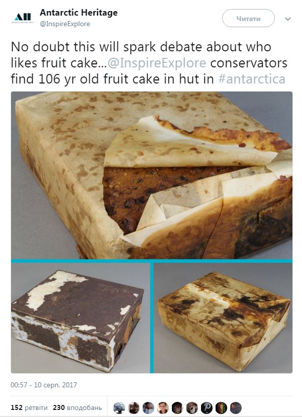 В Антарктике обнаружили 106-летний фруктовый пирог