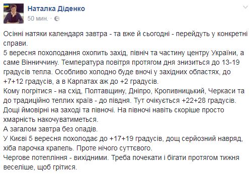 Синоптик дала прогноз погоди на 5 вересня