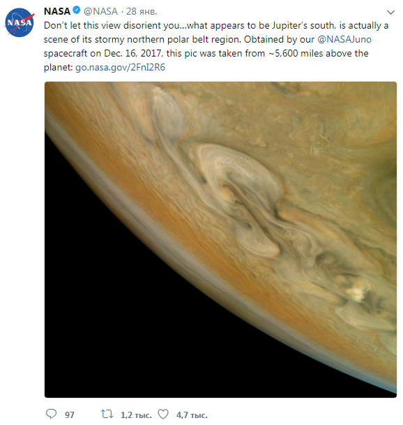 Більше 8 тис. км від Землі: NASA показало бурю на Юпітері