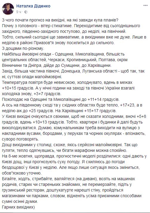 Синоптик дала прогноз погоди на вихідні