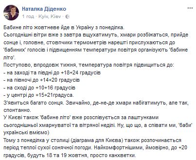 Синоптик рассказала, когда в Украину придет "бабье лето"