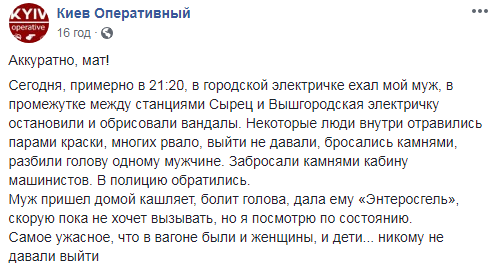 "Многих рвало, выйти не давали": в Киеве хулиганы остановили электричку и разрисовали ее (видео)