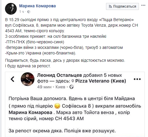 У Києві викрали авто відомої волонтерки: є фото підозрюваного