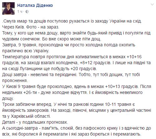 Синоптик дала прогноз погоди на 9 травня