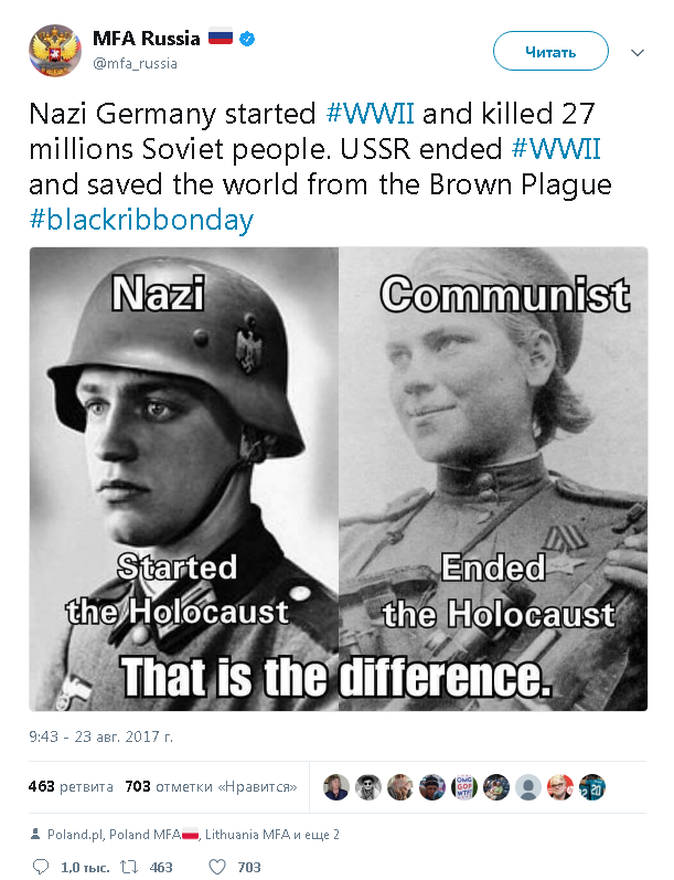 МИД России оконфузился, пытаясь сравнить немецкого солдата и советскую коммунистку