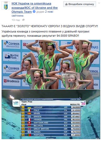 Пост НОК Украины про победу украинских синхронисток