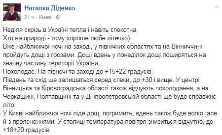 Синоптик дала прохладный прогноз на понедельник