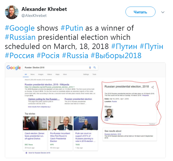 Новий старий президент: Google вже оголосив Путіна переможцем виборів