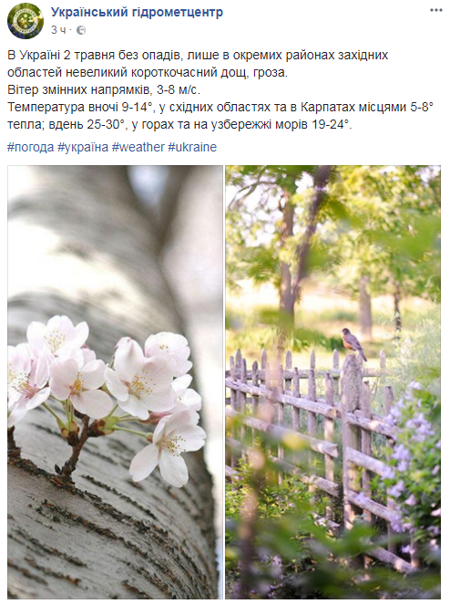 Синоптики дали прогноз погоди на 2 травня
