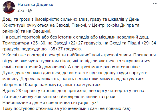 "Вероятность ливней, града и шквалов": Диденко рассказала о погоде на День Конституции