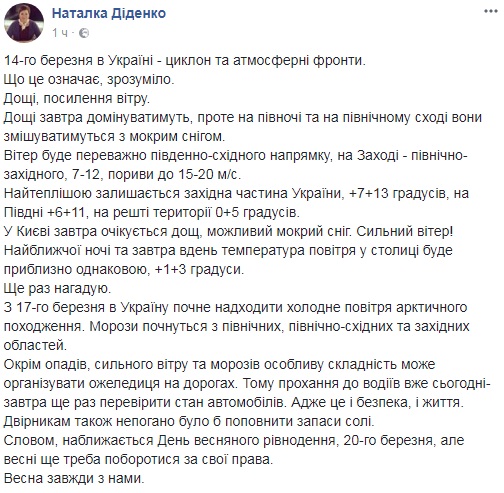 "Циклон і атмосферні фронти": синоптик розповіла про погоду на 14 березня