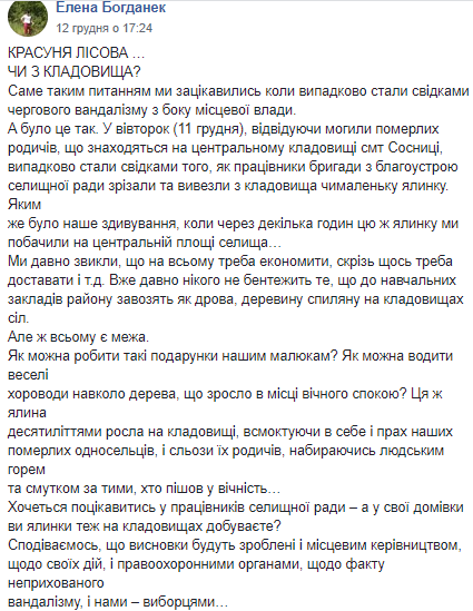 На головній площі Сосниці встановили ялинку з кладовища - люди в шоці