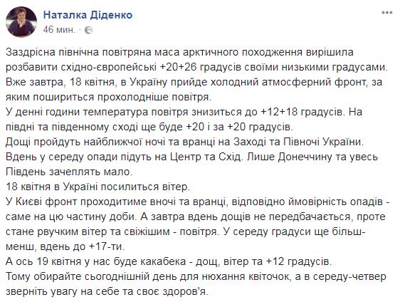 Холодний фронт: синоптик дала прогноз на 18 та 19 квітня