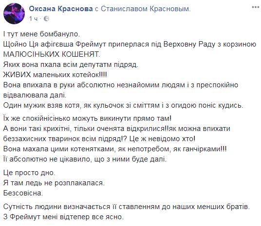 "Махала кошенятами, як ганчіркою": Фреймут шокувала мережу вчинком під Радою