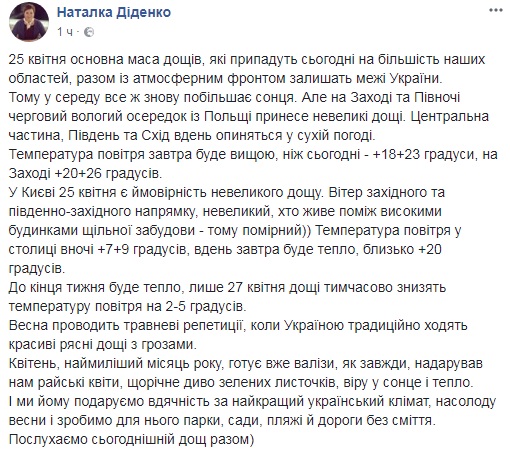 "Весна проводит майские репетиции": синоптик дала прогноз на 25 апреля