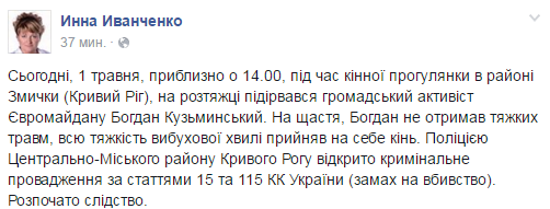 В Кривом Роге активист на коне подорвался на растяжке