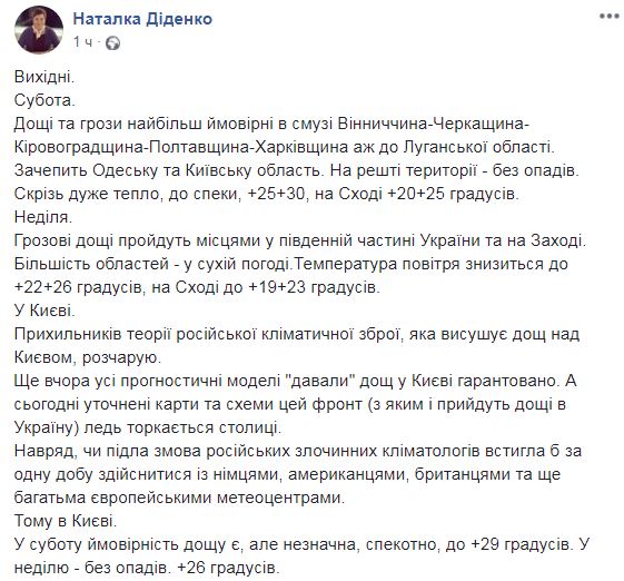 "Грозовые дожди": синоптик дала прогноз на выходные