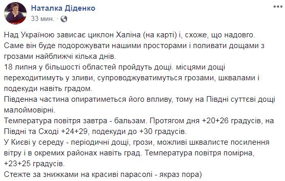 "Температура - бальзам": синоптик дала прогноз на 18 июля (фото)