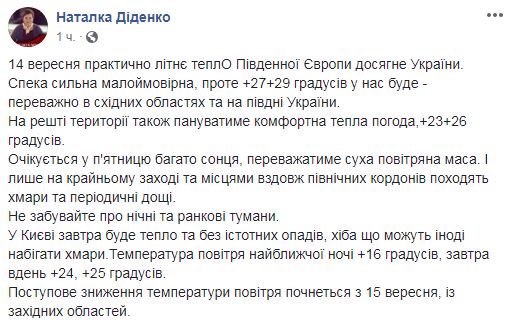 &quot;Літнє тепло&quot;: синоптик дала прогноз на 14 вересня