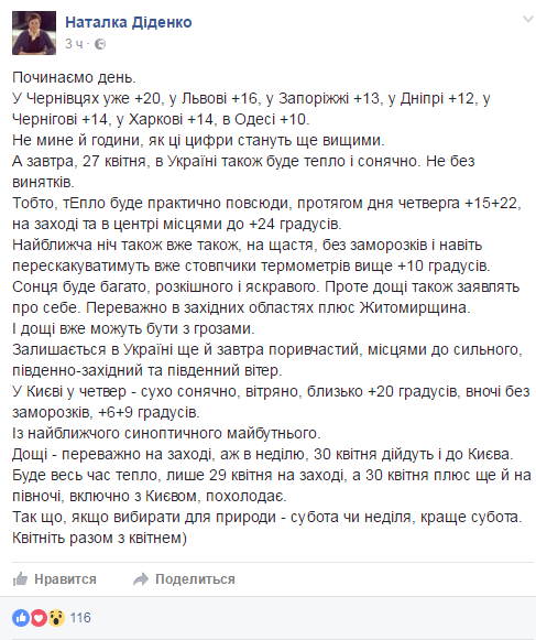 Синоптик дала прогноз погоди на кінець тижня