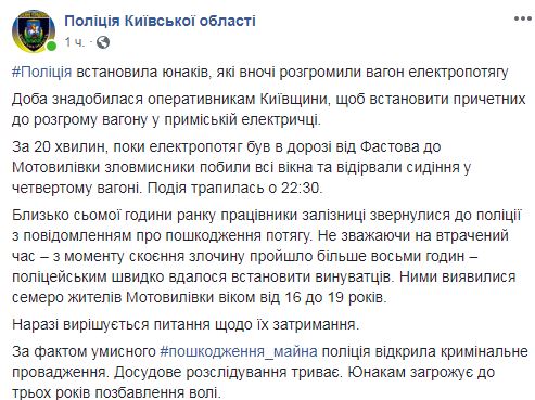 Полиция установила вандалов, которые разгромили электричку Киев-Фастов