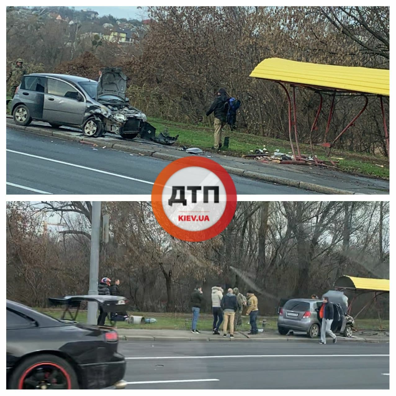 У Києві водій виїхав на зустрічну смугу і на швидкості протаранив зупинку: відео