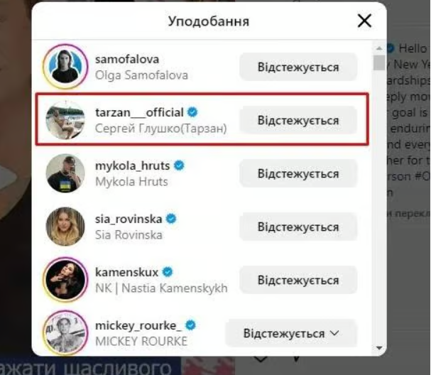 Стриптизер-путініст Тарзан "випадково" уподобав допис Міккі Рурка про допомогу Україні (фото)
