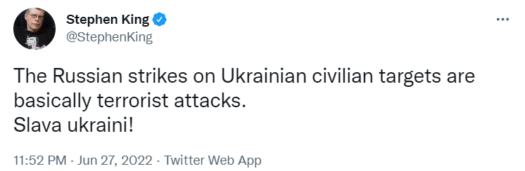 Стівен Кінг дав визначення російським атакам по цивільних об'єктах в Україні