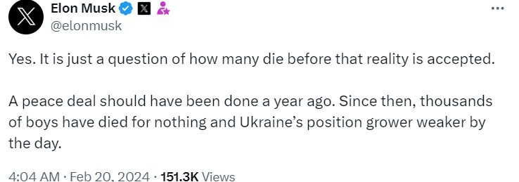 Ілон Маск зробив заяву про війну в Україні: "Питання лише в тому, скільки людей помре"