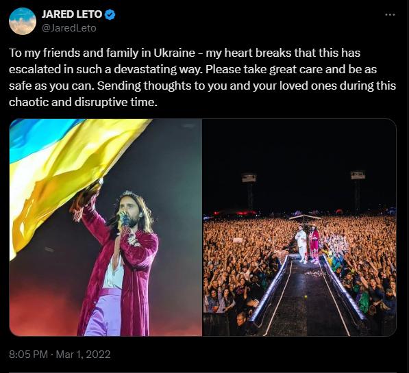 Джаред Лето назвал войну в Украине "этими проблемами" и помечтал о концерте в РФ (видео)